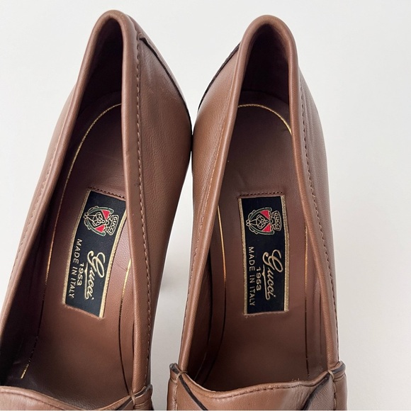 GUCCI | Vintage Alyssa Brown Leather Horsebit Pumps Block Heel Loafers 37.5 - Picture 6 of 16